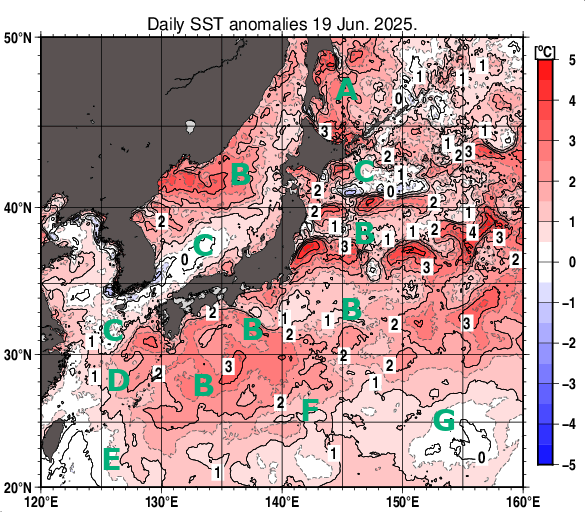 日本近海の海面水温平年差分布図（6月19日）