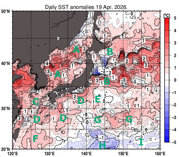 日本近海の海面水温平年差分布図（4月19日）