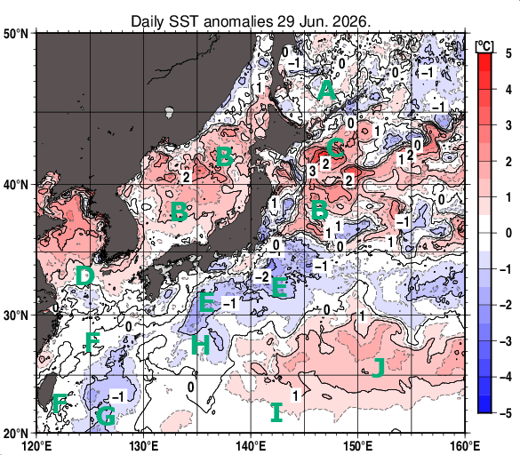 日本近海の海面水温平年差分布図（6月29日）