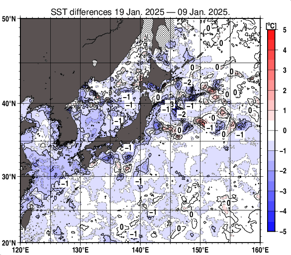 日本近海の10日間の海面水温変化量分布図（1月19日）