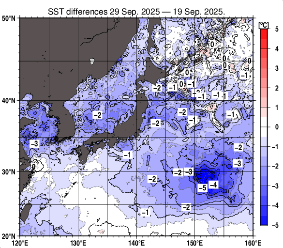 日本近海の10日間の海面水温変化量分布図（9月29日）
