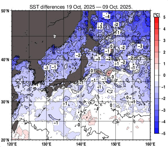 日本近海の10日間の海面水温変化量分布図(10月19日)
