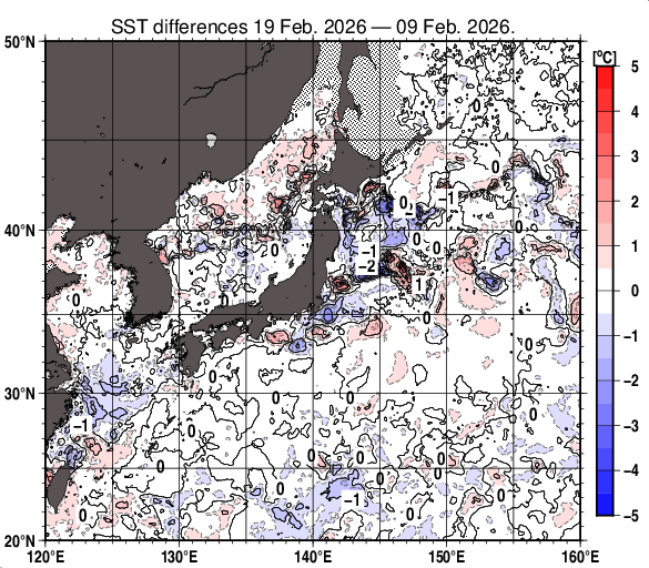 日本近海の10日間の海面水温変化量分布図（2月19日）