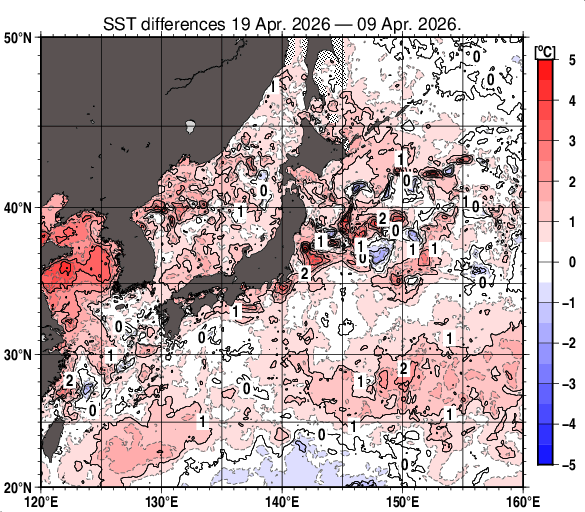 日本近海の10日間の海面水温変化量分布図（4月19日）