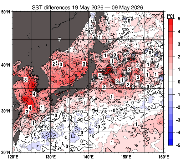 日本近海の10日間の海面水温変化量分布図（5月19日）