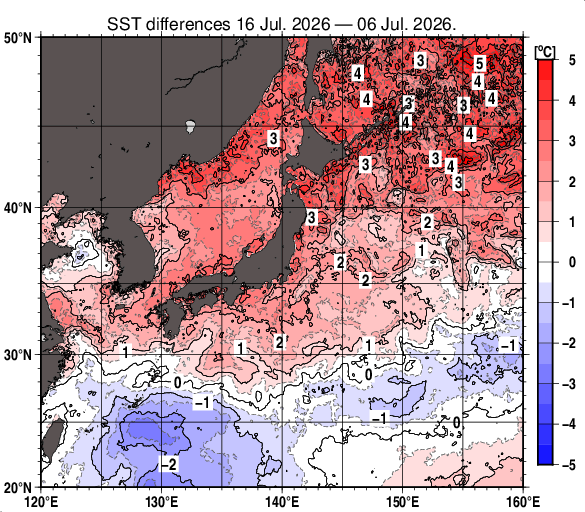 日本近海の10日間の海面水温変化量分布図（7月16日）