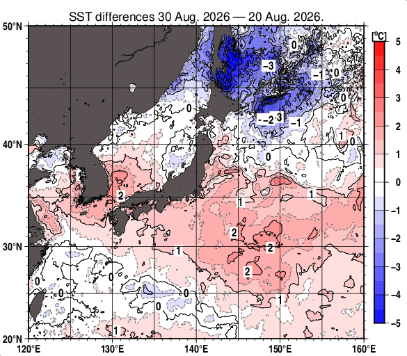 日本近海の10日間の海面水温変化量分布図（8月30日）