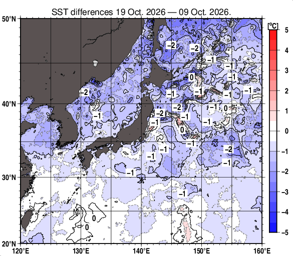日本近海の10日間の海面水温変化量分布図（10月19日）