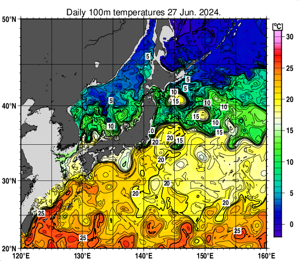 日本近海の深さ100mの水温分布図（6月27日）
