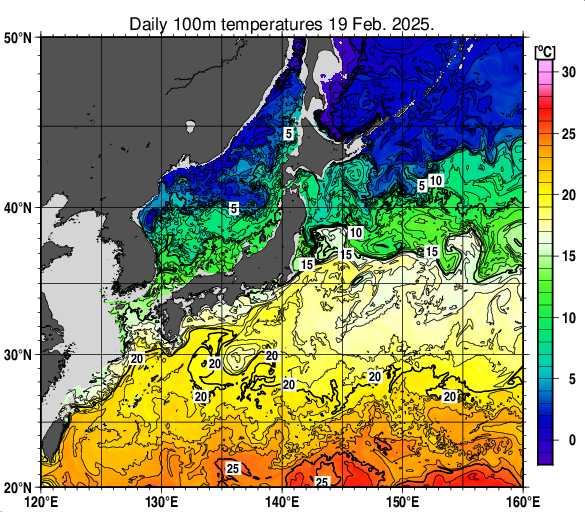 日本近海の深さ100mの水温分布図（2月19日）