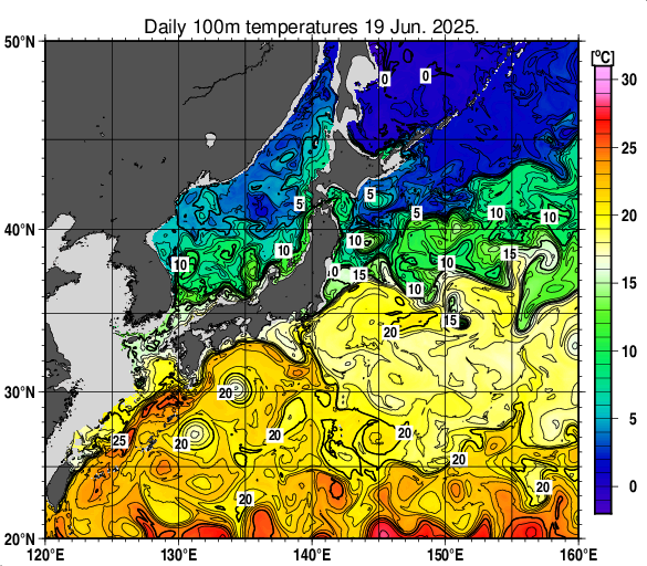 日本近海の深さ100mの水温分布図（6月19日）