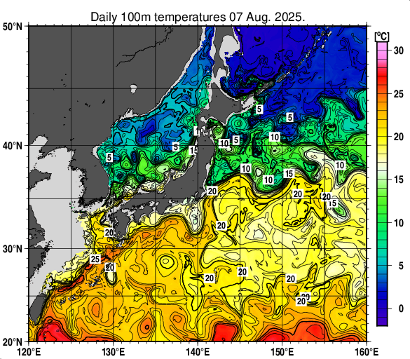日本近海の深さ100mの水温分布図（8月7日）