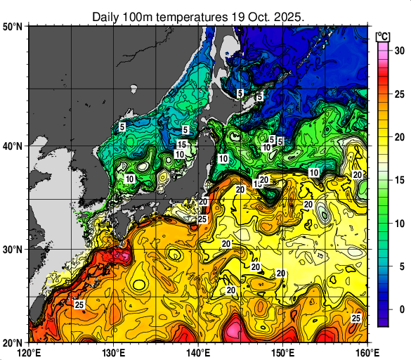 日本近海の深さ100mの水温分布図(10月19日)