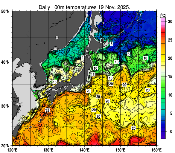 日本近海の深さ100mの水温分布図（11月19日）