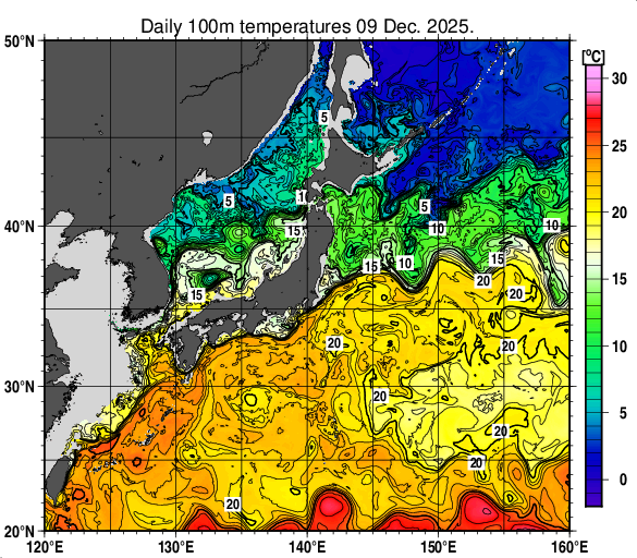 日本近海の深さ100mの水温分布図（12月9日）