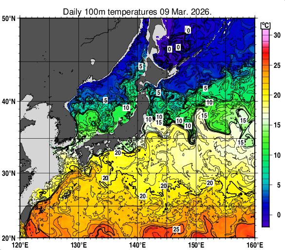 日本近海の深さ100mの水温分布図（3月9日）