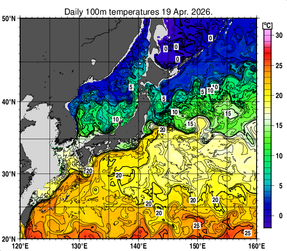 日本近海の深さ100mの水温分布図（4月19日）