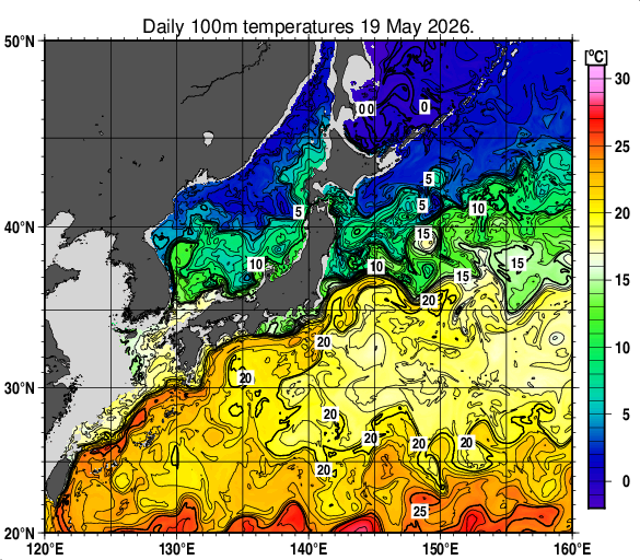 日本近海の深さ100mの水温分布図（5月19日）