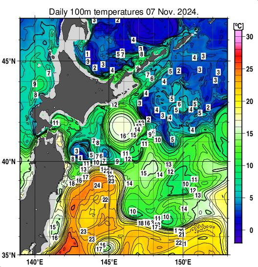 親潮域の深さ100mの水温分布図（11月7日）