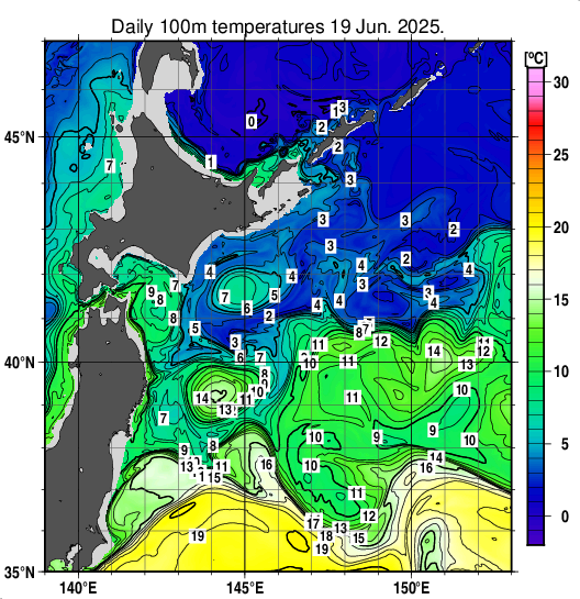 親潮域の深さ100mの水温分布図（6月19日）