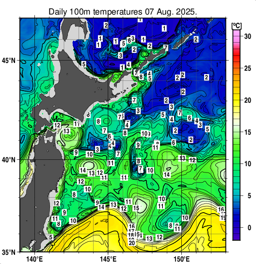 親潮域の深さ100mの水温分布図（8月7日）