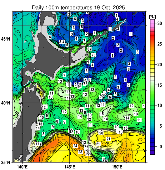 親潮域の深さ100mの水温分布図(10月19日)