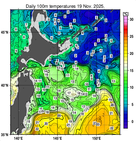 親潮域の深さ100mの水温分布図（11月19日）