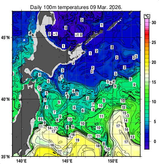 親潮域の深さ100mの水温分布図（3月9日）