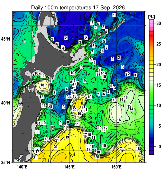 親潮域の深さ100mの水温分布図（9月17日）