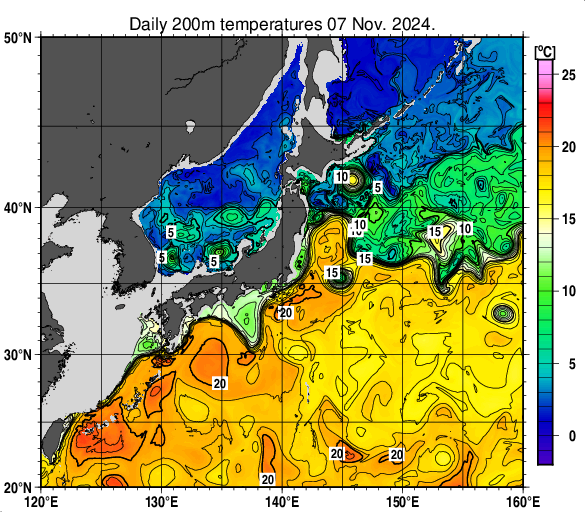 日本近海の深さ200mの水温分布図（11月7日）