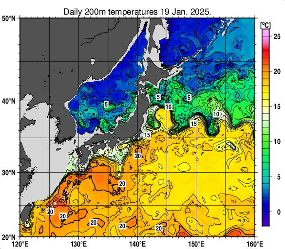 日本近海の深さ200mの水温分布図（1月19日）