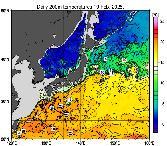 日本近海の深さ200mの水温分布図（2月19日）