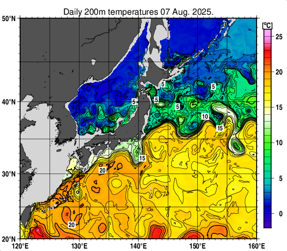 日本近海の深さ200mの水温分布図（8月7日）