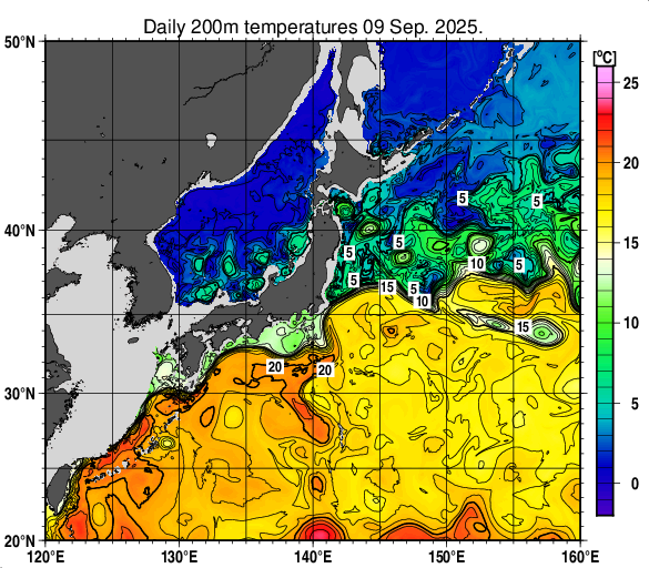日本近海の深さ200mの水温分布図（9月9日）