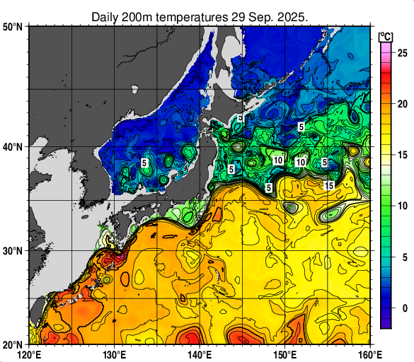 日本近海の深さ200mの水温分布図（9月29日）