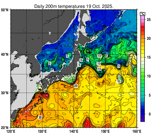 日本近海の深さ200mの水温分布図(10月19日)