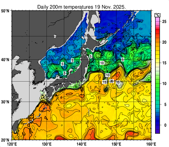 日本近海の深さ200mの水温分布図（11月19日）