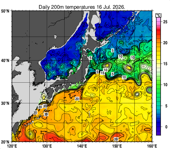 日本近海の深さ200mの水温分布図（7月16日）