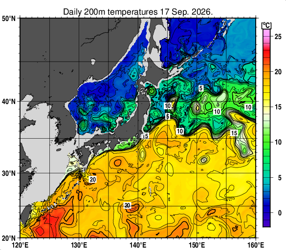 日本近海の深さ200mの水温分布図（9月17日）