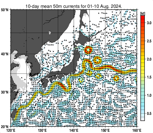 日本近海の深さ50mの旬平均海流分布図（2024年8月上旬）