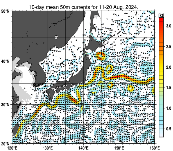 日本近海の深さ50mの旬平均海流分布図（2024年8月中旬）