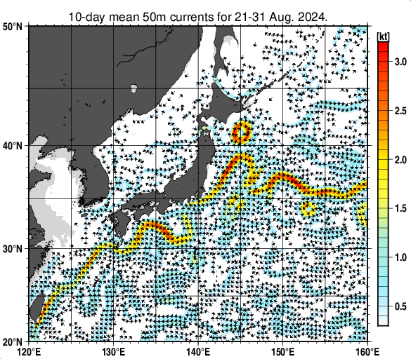 日本近海の深さ50mの旬平均海流分布図（2024年8月下旬）