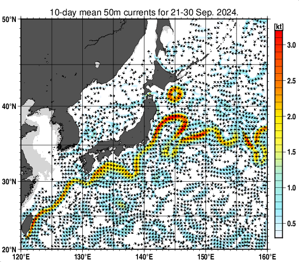 日本近海の深さ50mの旬平均海流分布図（2024年9月下旬）