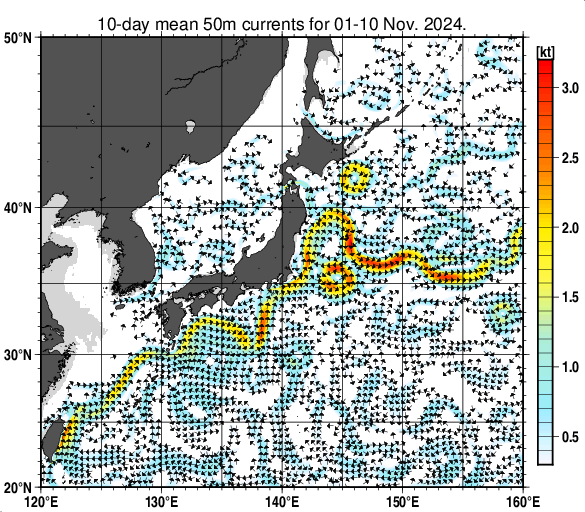 日本近海の深さ50mの旬平均海流分布図（2024年11月上旬）