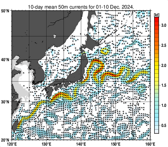 日本近海の深さ50mの旬平均海流分布図（2024年12月上旬）