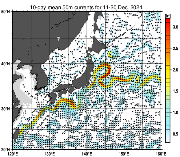 日本近海の深さ50mの旬平均海流分布図（2024年12月中旬）