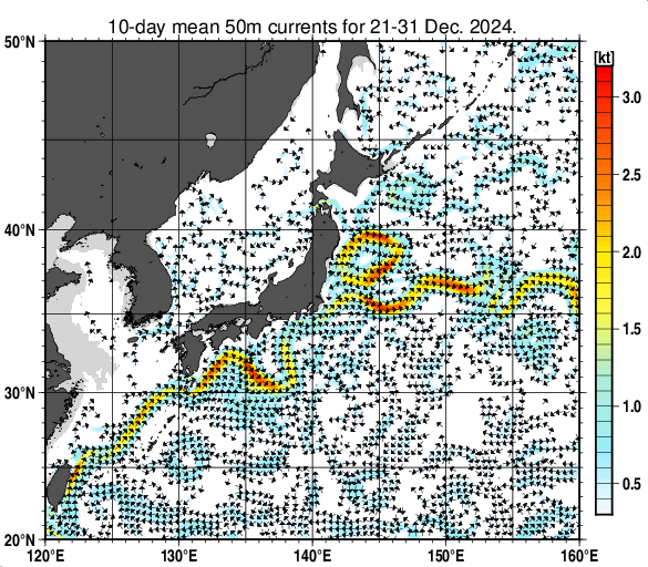 日本近海の深さ50mの旬平均海流分布図（2024年12月下旬）