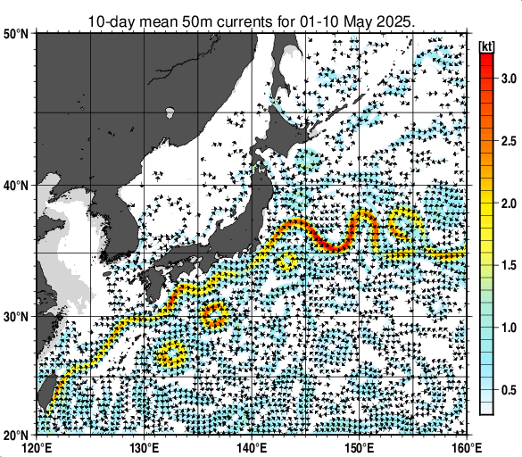 日本近海の深さ50mの旬平均海流分布図（2025年5月上旬）