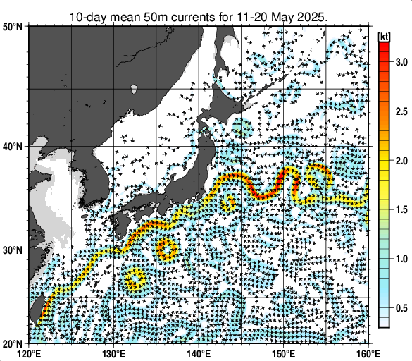 日本近海の深さ50mの旬平均海流分布図（2025年5月中旬）