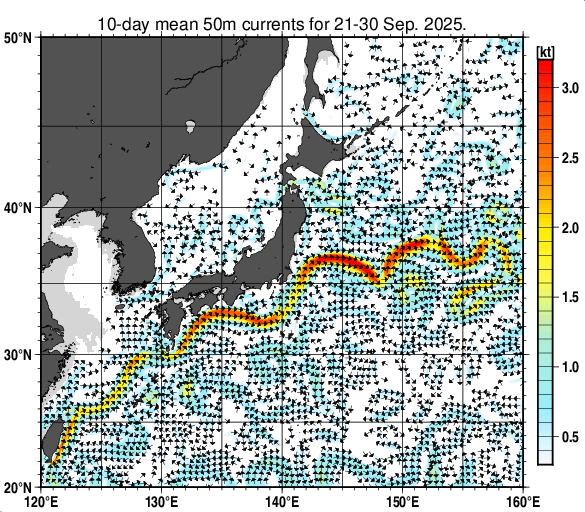 日本近海の深さ50mの旬平均海流分布図(2025年9月下旬)